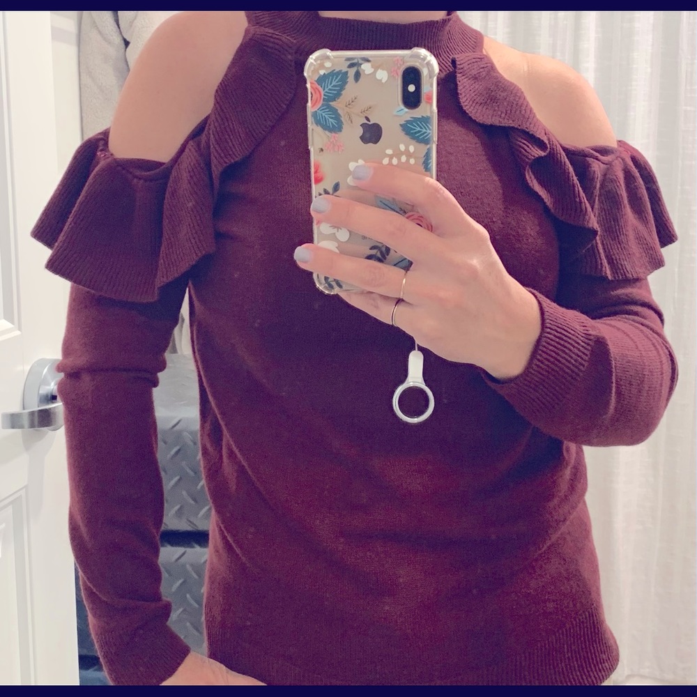 Women’s burgundy cold shoulder ruffle sweater